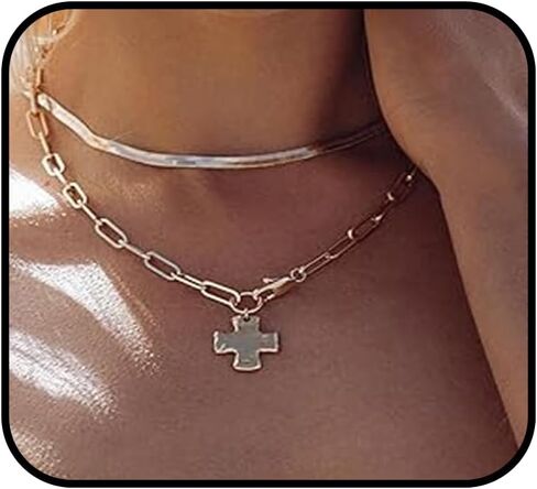 Chunky Cross Necklace For Women, 14k Gold Plated Two Layer Chain Stackable Necklaces Statement Minimalism Jewelry Gift in Saudi Arabia