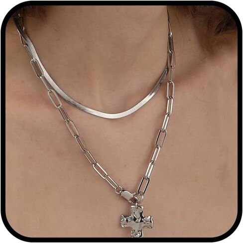 Chunky Cross Necklace For Women, 14k Gold Plated Two Layer Chain Stackable Necklaces Statement Minimalism Jewelry Gift in Saudi Arabia