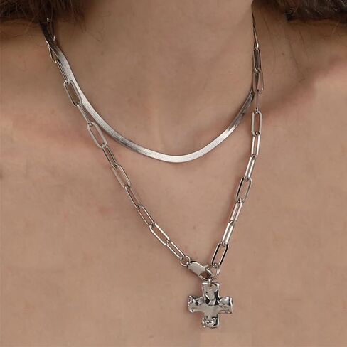 Chunky Cross Necklace For Women, 14k Gold Plated Two Layer Chain Stackable Necklaces Statement Minimalism Jewelry Gift in Saudi Arabia