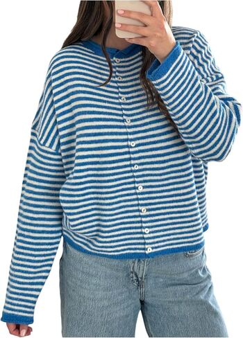 Milumia Women's Striped Button Up Cardigan Y2k Long Sleeve Crewneck Casual Sweater Tops in Saudi Arabia