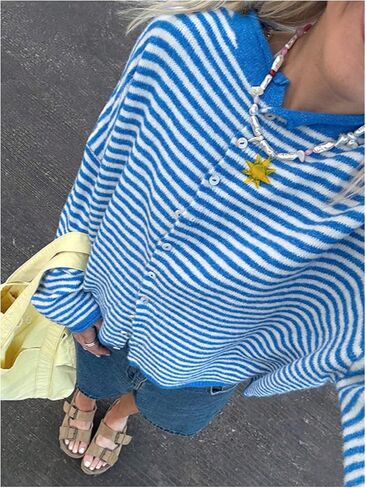 Milumia Women's Striped Button Up Cardigan Y2k Long Sleeve Crewneck Casual Sweater Tops in Saudi Arabia