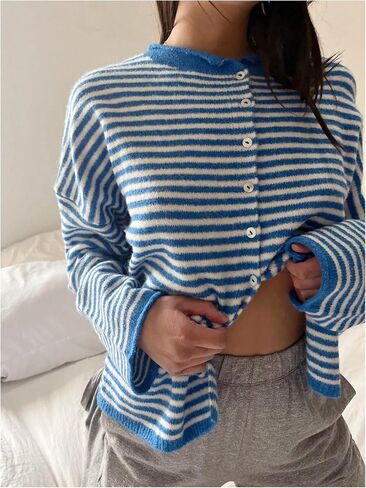 Milumia Women's Striped Button Up Cardigan Y2k Long Sleeve Crewneck Casual Sweater Tops in Saudi Arabia
