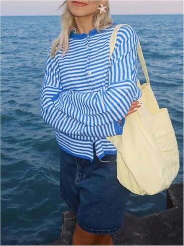 Milumia Women's Striped Button Up Cardigan Y2k Long Sleeve Crewneck Casual Sweater Tops in Saudi Arabia