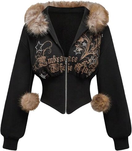 WDIRARA Women's Graphic Rhinestone Faux Fur Hoodie Long Sleeve Zip Up Hooded Jacket in Saudi Arabia