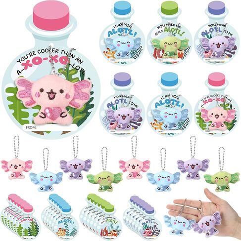 24 Pcs Valentines Day Axolotl Keychains Gifts Cute Axolotls Stuffed Animal with Greeting Cards Bags for Valentine Gift Exchange Valentine's Axolotl Party Favors in Saudi Arabia