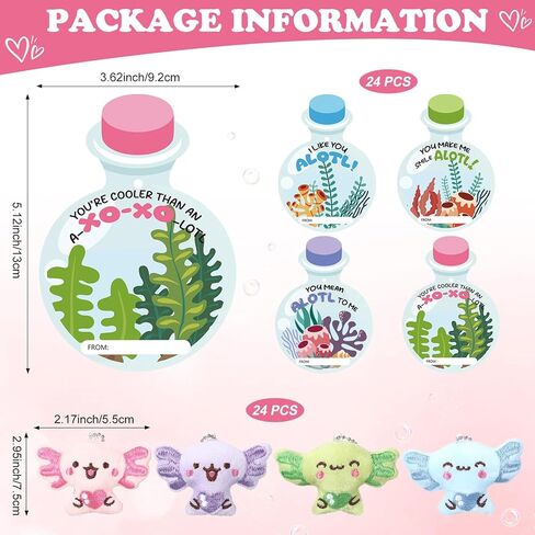 24 Pcs Valentines Day Axolotl Keychains Gifts Cute Axolotls Stuffed Animal with Greeting Cards Bags for Valentine Gift Exchange Valentine's Axolotl Party Favors in Saudi Arabia