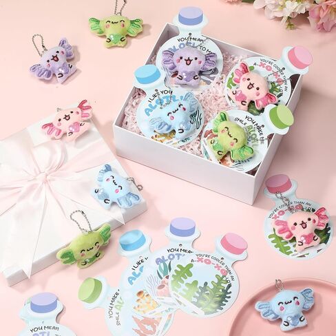 24 Pcs Valentines Day Axolotl Keychains Gifts Cute Axolotls Stuffed Animal with Greeting Cards Bags for Valentine Gift Exchange Valentine's Axolotl Party Favors in Saudi Arabia