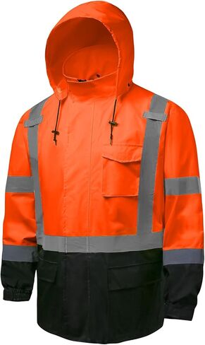 سترات المطر Hi Vis للرجال عاكسة للماء وعالية الوضوح فئة 3 معطف مطر آمن مع قاع أسود in Kuwait
