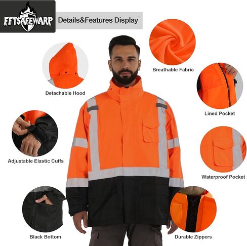 سترات المطر Hi Vis للرجال عاكسة للماء وعالية الوضوح فئة 3 معطف مطر آمن مع قاع أسود in Kuwait