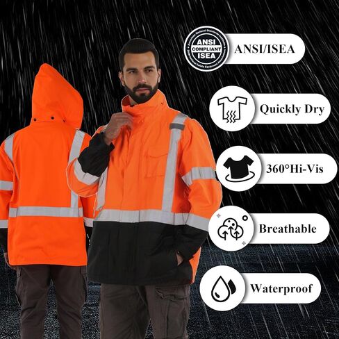 سترات المطر Hi Vis للرجال عاكسة للماء وعالية الوضوح فئة 3 معطف مطر آمن مع قاع أسود in Kuwait