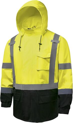 سترات المطر Hi Vis للرجال عاكسة للماء وعالية الوضوح فئة 3 معطف مطر آمن مع قاع أسود in Kuwait