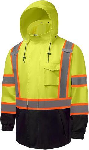 سترات المطر Hi Vis للرجال عاكسة للماء وعالية الوضوح فئة 3 معطف مطر آمن مع قاع أسود in Kuwait