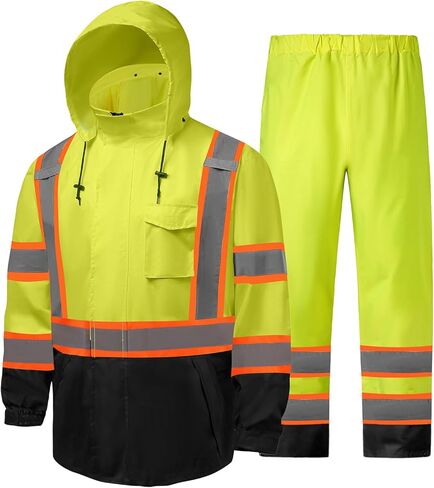 سترات المطر Hi Vis للرجال عاكسة للماء وعالية الوضوح فئة 3 معطف مطر آمن مع قاع أسود in Kuwait