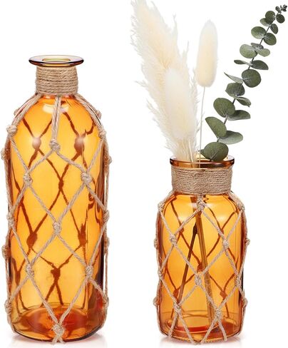 Chuangdi Set of 2 Coastal Glass Vases for Flowers Small Flower Vase with Boho Rope Wrapping Beach Decorative Bottle for Coastal Nautical Table Centerpiece Wedding Floral Arrangement Decor(Light Blue) in Kuwait