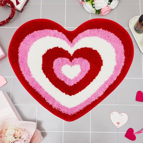 Weysat Valentine's Day Heart Shaped Rug Non Slip Bathroom Rug White Red Pink Bath Mat Shower Mat Decorative Love Floor Mat Washable Doormat Welcome Carpet for Bathroom Kitchen Living Room Home Decor in Saudi Arabia