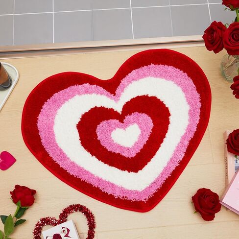 Weysat Valentine's Day Heart Shaped Rug Non Slip Bathroom Rug White Red Pink Bath Mat Shower Mat Decorative Love Floor Mat Washable Doormat Welcome Carpet for Bathroom Kitchen Living Room Home Decor in Saudi Arabia