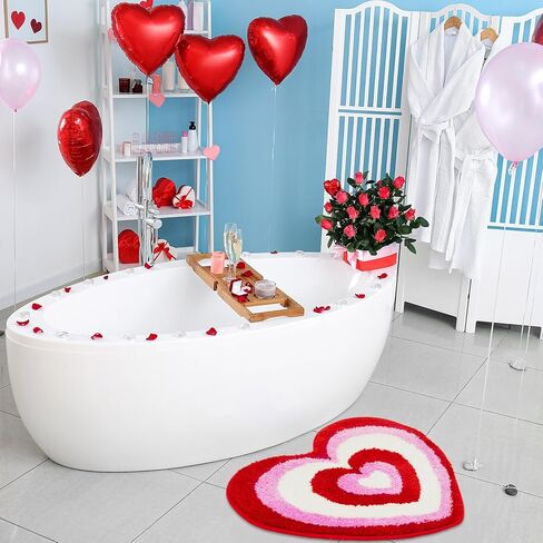 Weysat Valentine's Day Heart Shaped Rug Non Slip Bathroom Rug White Red Pink Bath Mat Shower Mat Decorative Love Floor Mat Washable Doormat Welcome Carpet for Bathroom Kitchen Living Room Home Decor in Saudi Arabia