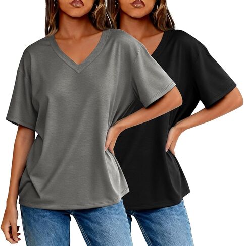 2 Pack Womens Summer Tops V Neck Short Sleeve T Shirts 2026 Basic Casual Tees Trending Clothes in Saudi Arabia