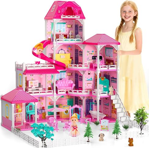 Dollhouses, Dreamhome Furniture Pink Girl Toys, 2 Stories 3 Rooms Dollshouse with 2 Princesses Slide Accessories, Toddler Playhouse Gift for for 3 4 5 6 7 8 9 10 Year Old Girls Toys in Saudi Arabia
