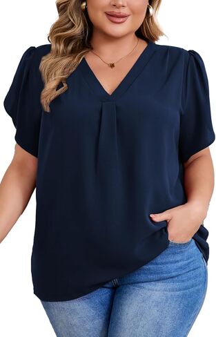 Women's Plus Size Casual Blouses Solid Business Work Tops Petal Short Sleeve V Neck Loose Fit T Shirt Summer Trendy 2025 in Saudi Arabia