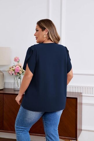 Women's Plus Size Casual Blouses Solid Business Work Tops Petal Short Sleeve V Neck Loose Fit T Shirt Summer Trendy 2025 in Saudi Arabia