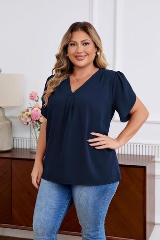 Women's Plus Size Casual Blouses Solid Business Work Tops Petal Short Sleeve V Neck Loose Fit T Shirt Summer Trendy 2025 in Saudi Arabia