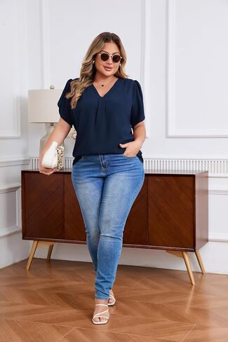 Women's Plus Size Casual Blouses Solid Business Work Tops Petal Short Sleeve V Neck Loose Fit T Shirt Summer Trendy 2025 in Saudi Arabia