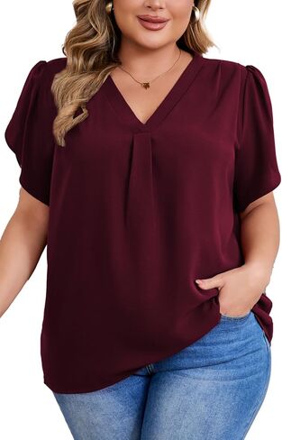 Women's Plus Size Casual Blouses Solid Business Work Tops Petal Short Sleeve V Neck Loose Fit T Shirt Summer Trendy 2025 in Saudi Arabia