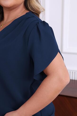 Women's Plus Size Casual Blouses Solid Business Work Tops Petal Short Sleeve V Neck Loose Fit T Shirt Summer Trendy 2025 in Saudi Arabia