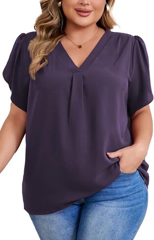 Women's Plus Size Casual Blouses Solid Business Work Tops Petal Short Sleeve V Neck Loose Fit T Shirt Summer Trendy 2025 in Saudi Arabia