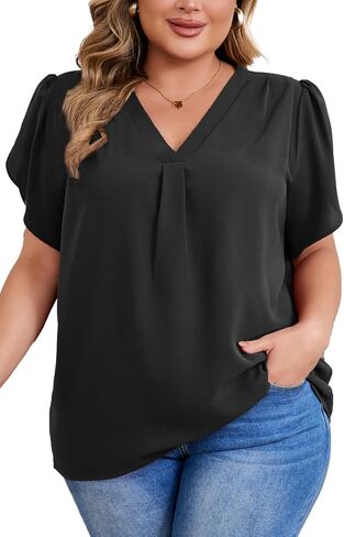 Women's Plus Size Casual Blouses Solid Business Work Tops Petal Short Sleeve V Neck Loose Fit T Shirt Summer Trendy 2025 in Saudi Arabia
