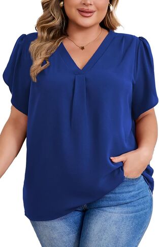 Women's Plus Size Casual Blouses Solid Business Work Tops Petal Short Sleeve V Neck Loose Fit T Shirt Summer Trendy 2025 in Saudi Arabia