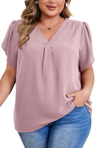 Women's Plus Size Casual Blouses Solid Business Work Tops Petal Short Sleeve V Neck Loose Fit T Shirt Summer Trendy 2025 in Saudi Arabia