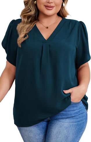 Women's Plus Size Casual Blouses Solid Business Work Tops Petal Short Sleeve V Neck Loose Fit T Shirt Summer Trendy 2025 in Saudi Arabia