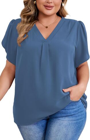 Women's Plus Size Casual Blouses Solid Business Work Tops Petal Short Sleeve V Neck Loose Fit T Shirt Summer Trendy 2025 in Saudi Arabia