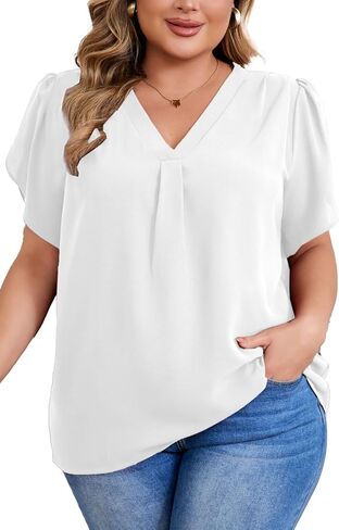 Women's Plus Size Casual Blouses Solid Business Work Tops Petal Short Sleeve V Neck Loose Fit T Shirt Summer Trendy 2025 in Saudi Arabia