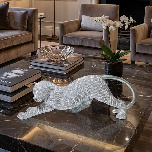 Shlinuo Leopard Statue Handcrafted Silver Cheetah Statue Home Decor Intricate Beaded Design for Living Room, Office, or Gift - Elegant and Unique Decorative Sculpture（Silvery） in Saudi Arabia