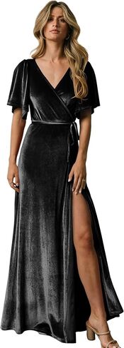 فساتين وصيفة العروس المخملية للسيدات من Maxianever، فستان طويل لحفلات الزفاف للنساء، رقبة على شكل حرف V مع فتحة in Kuwait