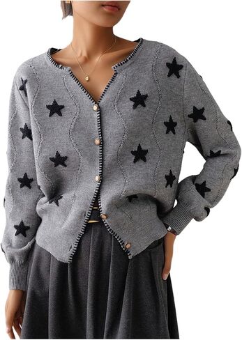 WDIRARA Women's Star Pattern Button Up Cardigan Sweaters Long Sleeve V Neck Knit Outerwear in Saudi Arabia