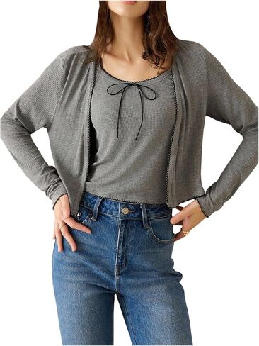 SHENHE Women's 2 Piece Open Front Cropped Cardigan Sweater and Bow Camisole Tank Knitwear in Saudi Arabia