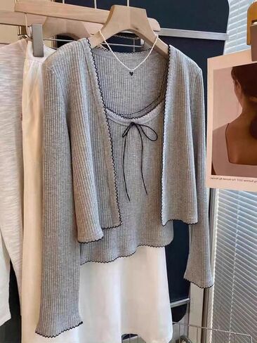 SHENHE Women's 2 Piece Open Front Cropped Cardigan Sweater and Bow Camisole Tank Knitwear in Saudi Arabia