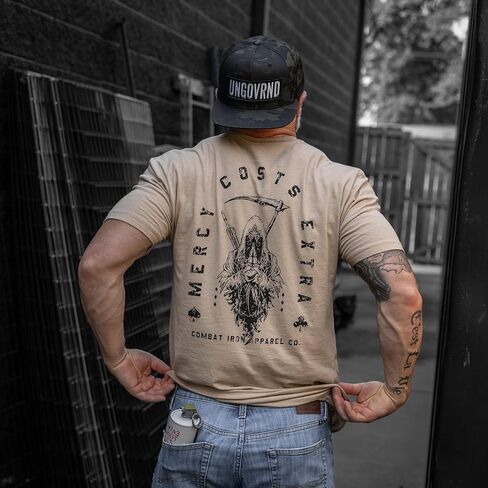 Combat Iron Men's Graphic T-Shirt | Mercy Costs Extra | Athletic Fit, Tagless Comfort in Saudi Arabia