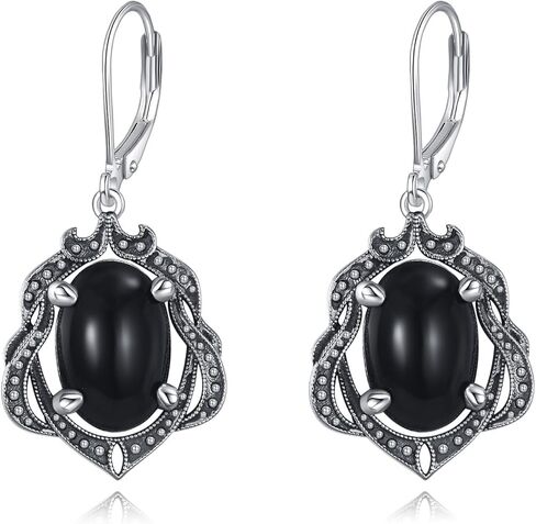 Oval Black Onyx Earrings 925 Sterling Silver Oxidized Vintage Retro Filigree Leverback Dangle Drop Earrings for Women in Saudi Arabia