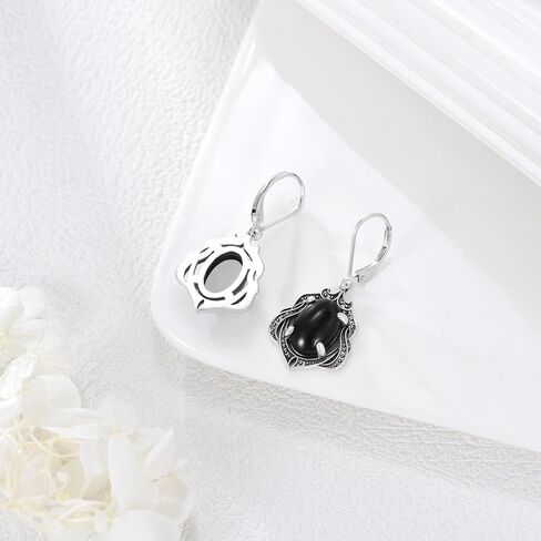 Oval Black Onyx Earrings 925 Sterling Silver Oxidized Vintage Retro Filigree Leverback Dangle Drop Earrings for Women in Saudi Arabia