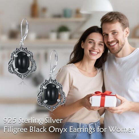 Oval Black Onyx Earrings 925 Sterling Silver Oxidized Vintage Retro Filigree Leverback Dangle Drop Earrings for Women in Saudi Arabia