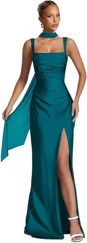 UZN Long Satin Bridesmaid Dresses with Scarf 2025 Slit Mermaid Ruched Formal Evening Party Dress in Saudi Arabia