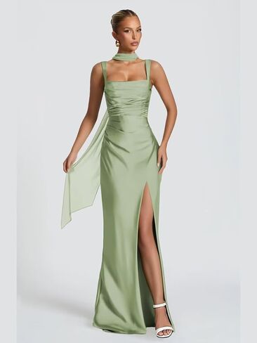 UZN Long Satin Bridesmaid Dresses with Scarf 2025 Slit Mermaid Ruched Formal Evening Party Dress in Saudi Arabia