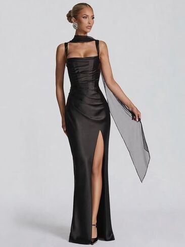 UZN Long Satin Bridesmaid Dresses with Scarf 2025 Slit Mermaid Ruched Formal Evening Party Dress in Saudi Arabia