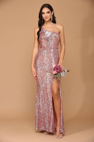Women's Eva USA 3376 Long One Shoulder Formal Fitted Bodycon Prom 2026 Dress Rose Pink Gold XS in Saudi Arabia
