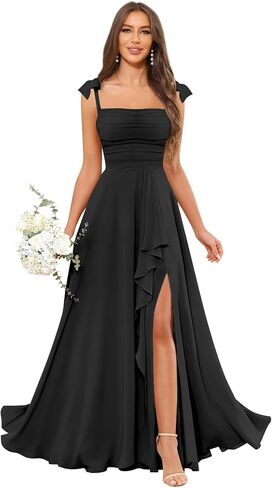 فساتين وصيفة الشرف مكشكشة للنساء برقبة مربعة من الشيفون بطيات على شكل حرف A بثوب سهرة رسمي مع فتحة in Kuwait